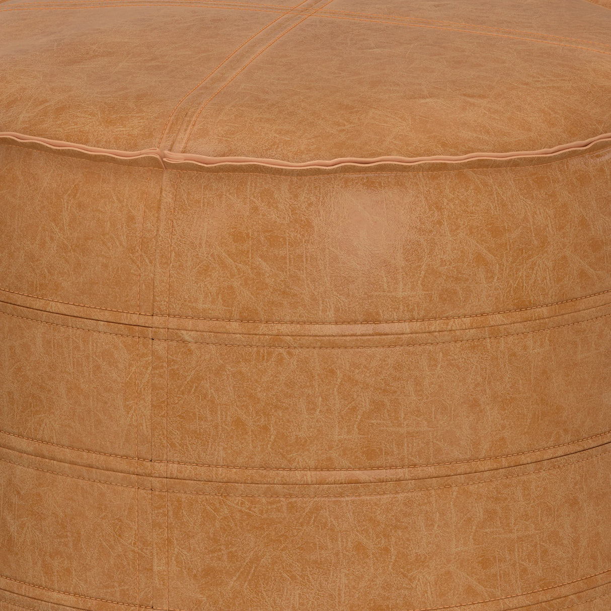 Distressed Brown Vegan Faux Leather Round Pouf - Omega Lifestyles