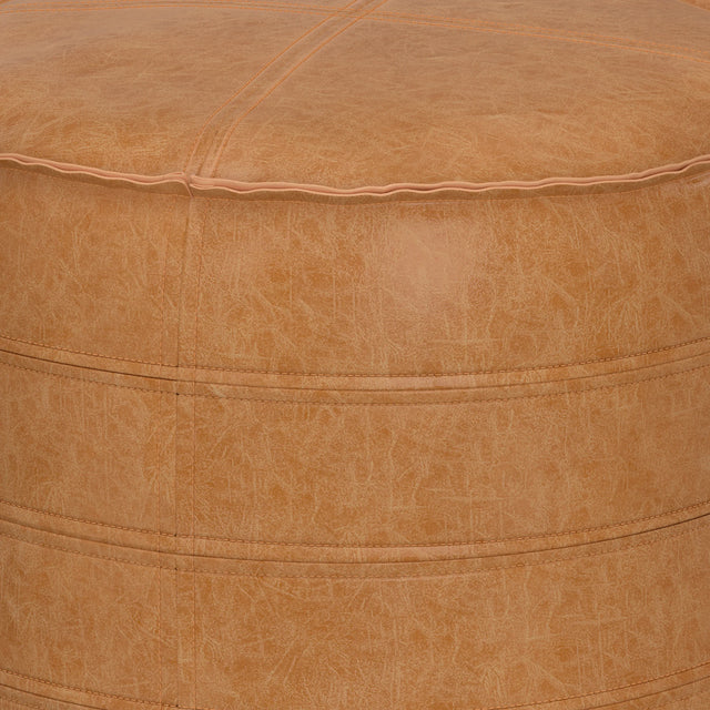 Distressed Brown Vegan Faux Leather Round Pouf - Omega Lifestyles