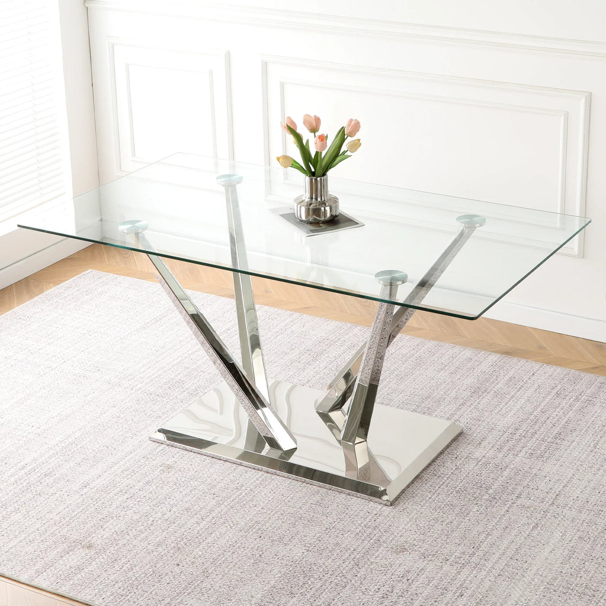Modern Glass Dining Table With Stainless Steel Base Set - Omega Lifestyles