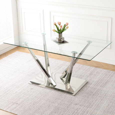 Modern Glass Dining Table With Stainless Steel Base Set - Omega Lifestyles