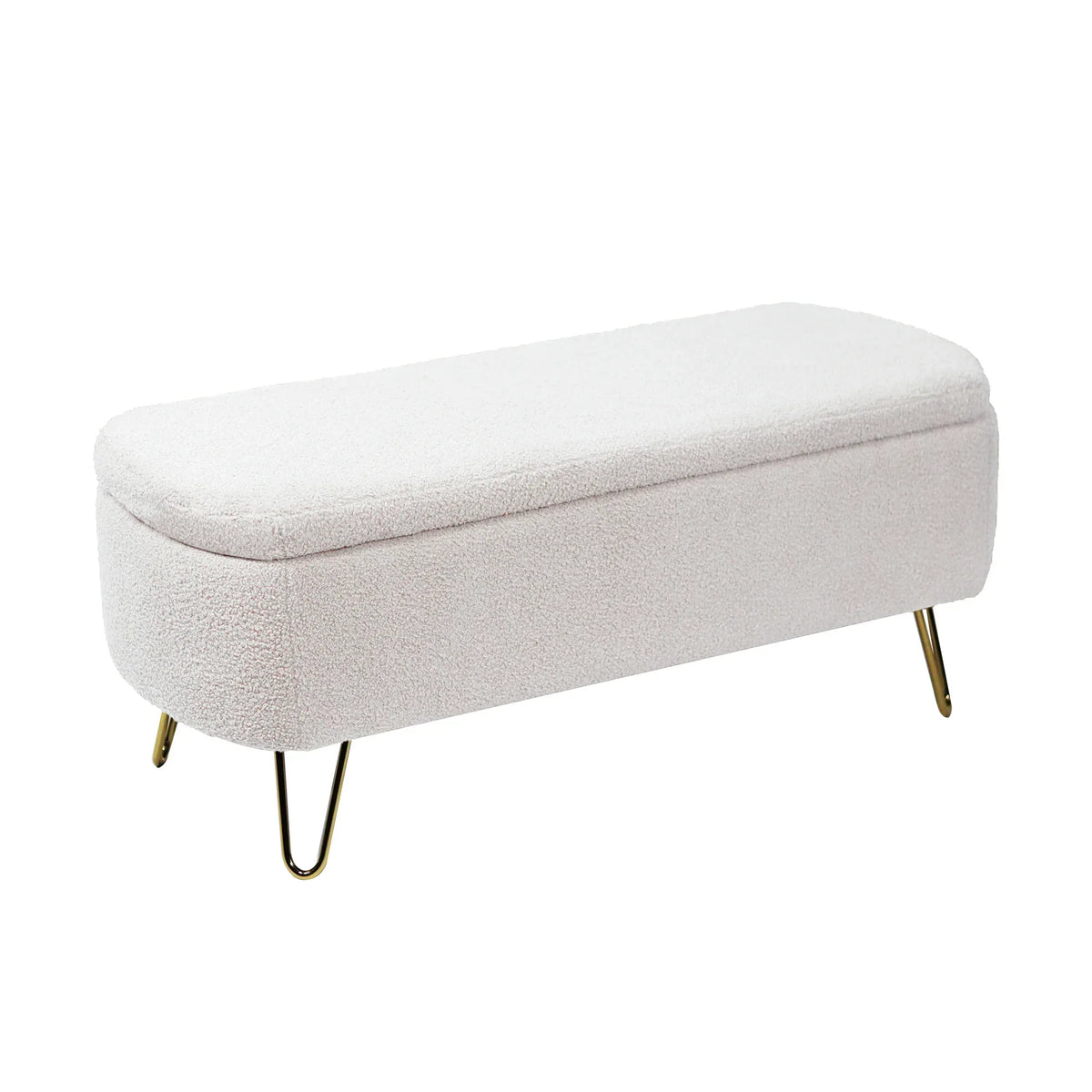Ivory Faux Fur Upholstered Storage Bench With Gold Legs - Omega Lifestyles