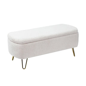Ivory Faux Fur Upholstered Storage Bench With Gold Legs - Omega Lifestyles