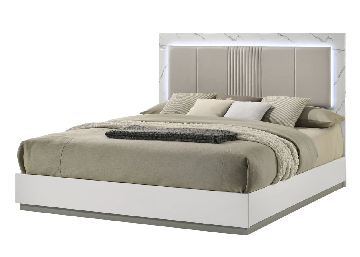 Modern White Lacquer Wood King Bed Frame With LED Lighting - Omega Lifestyles