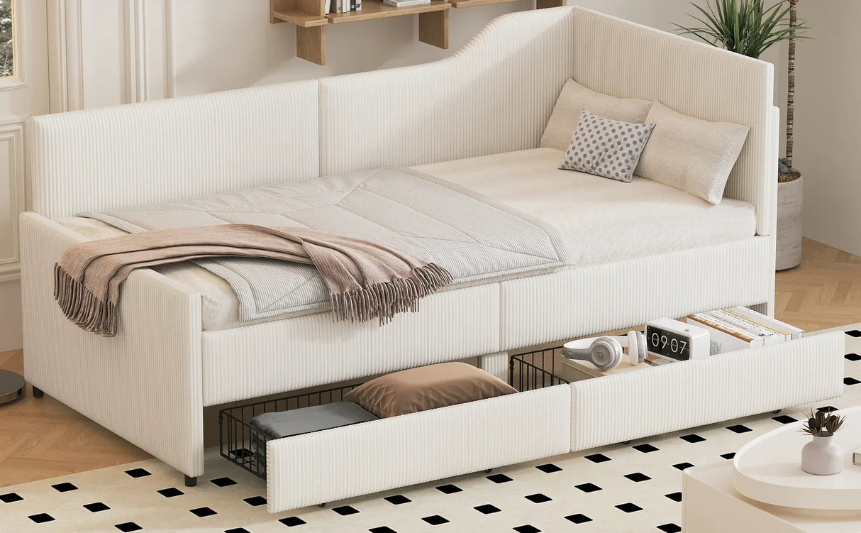 Twin L-Shaped Corduroy Upholstered Daybed With Storage Drawers - Omega Lifestyles