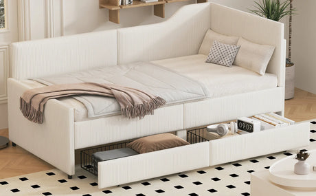 Twin L-Shaped Corduroy Upholstered Daybed With Storage Drawers - Omega Lifestyles
