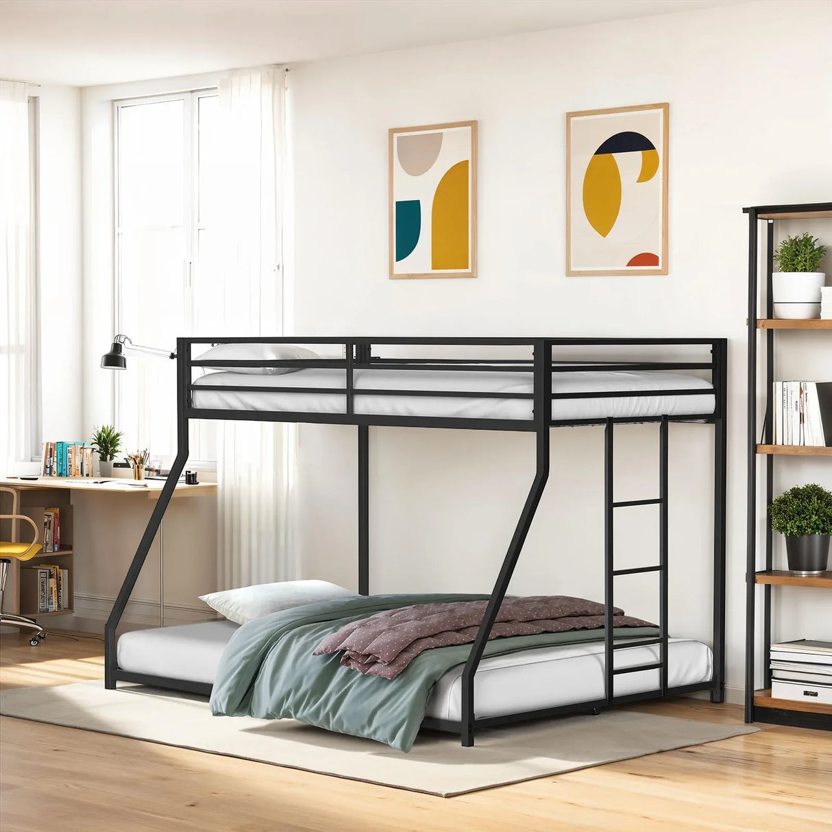 Contemporary Matte Black Metal Low Twin Over Full Bunk Bed - Omega Lifestyles