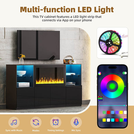 Modern Black LED Fireplace TV Stand with Shelves - Omega Lifestyles