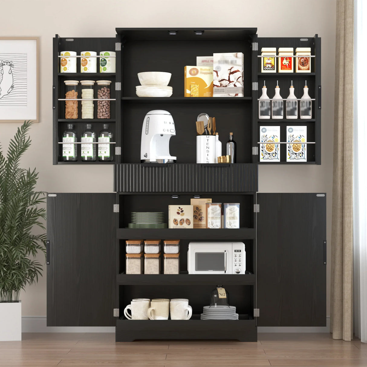 Fluted Freestanding Kitchen Pantry Cabinet With Drawers - Omega Lifestyles