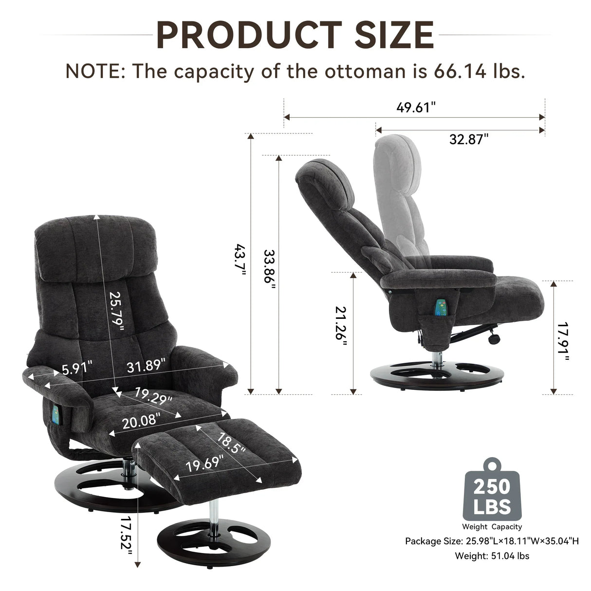 Modern Chenille Recliner Chair With Ottoman And Massage - Omega Lifestyles