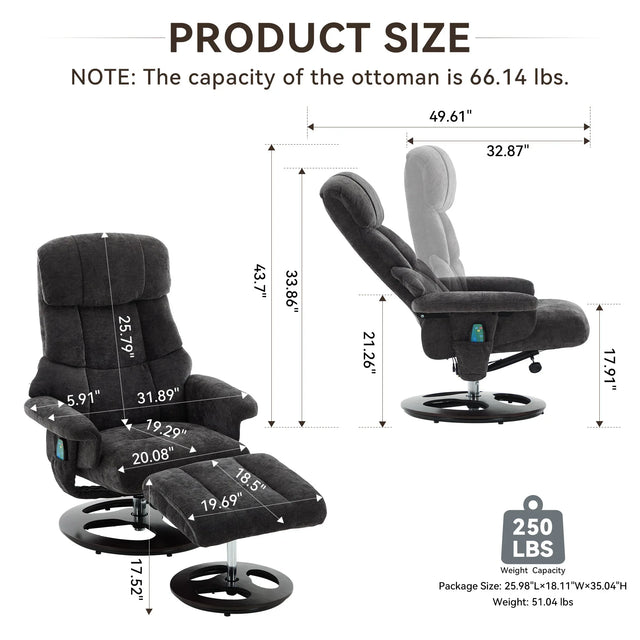 Modern Chenille Recliner Chair With Ottoman And Massage - Omega Lifestyles