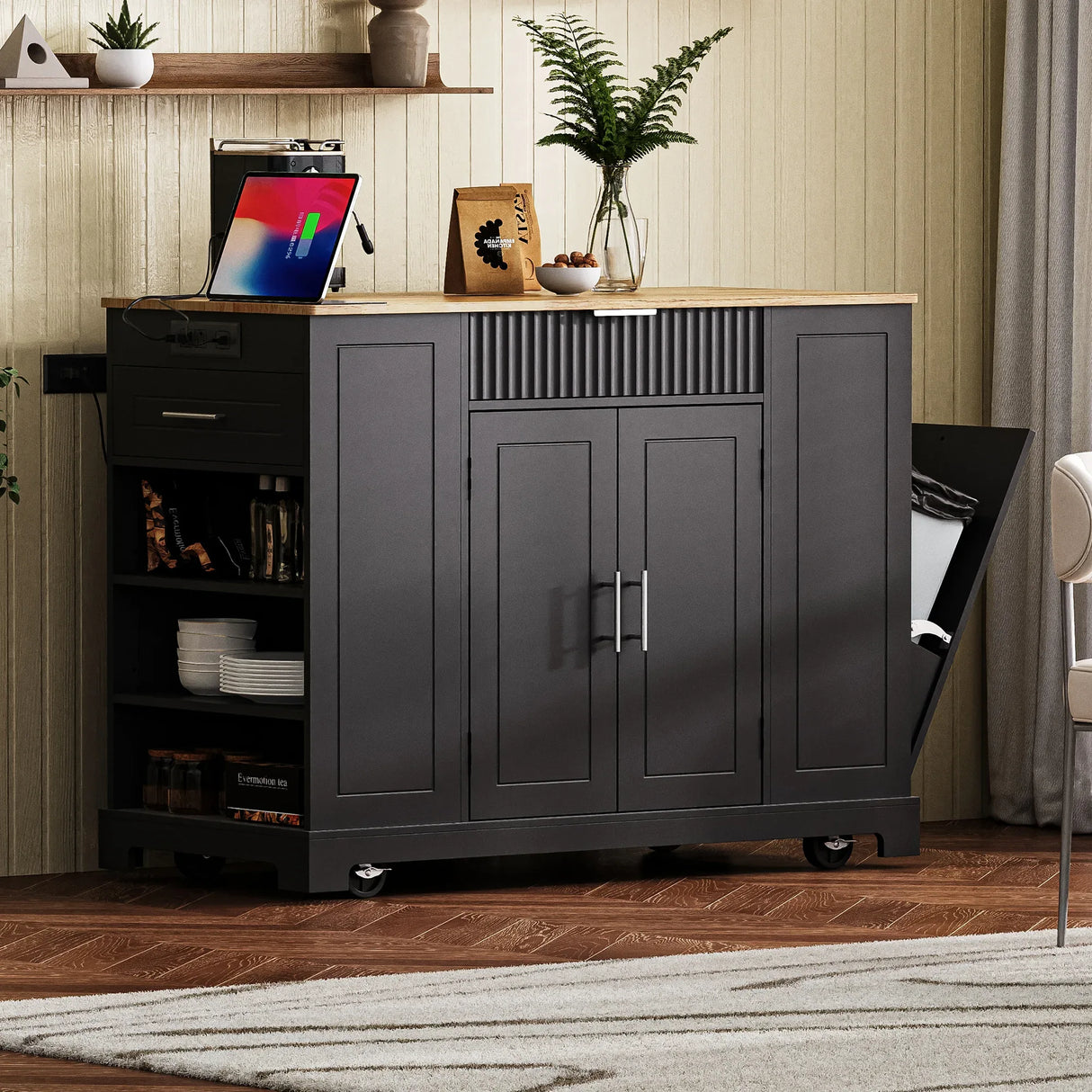 Fluted Rubber Wood Kitchen Island With Trash Can Cabinet - Omega Lifestyles