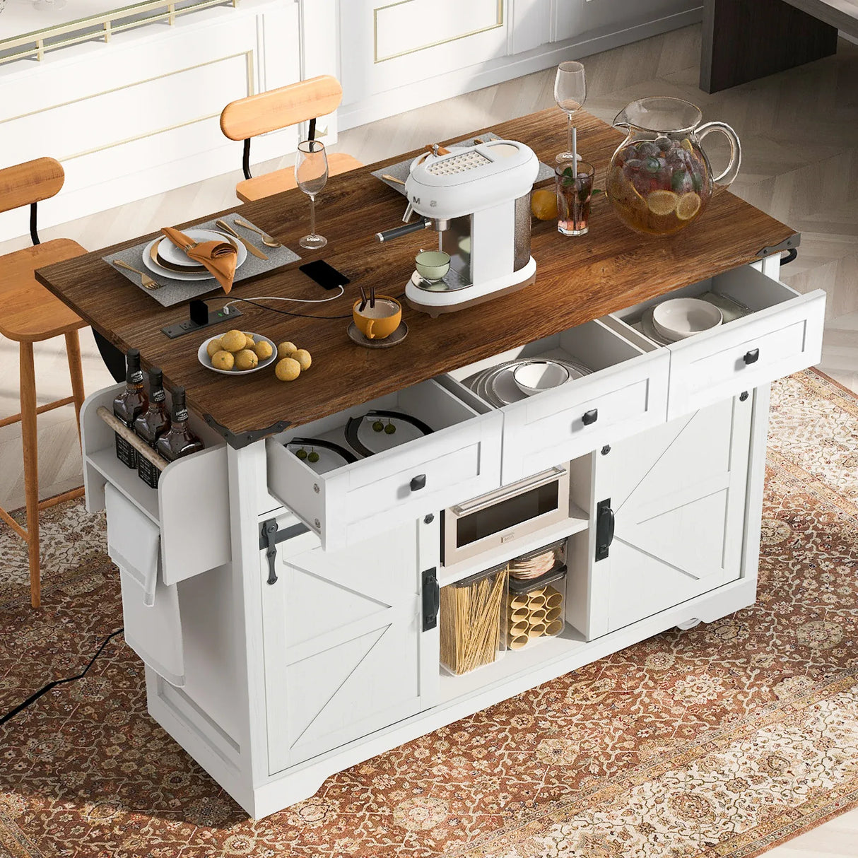 Farmhouse Kitchen Island Rolling Cart With Power Outlet - Omega Lifestyles