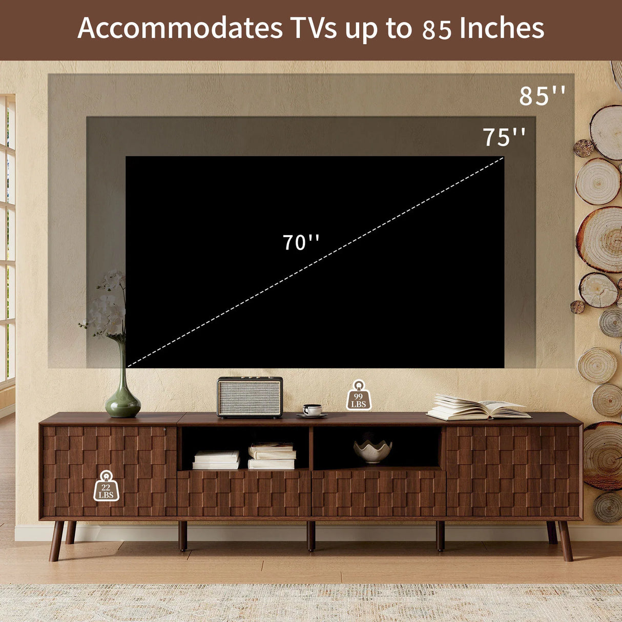 Modern Walnut 78-Inch TV Stand With Cable Management - Omega Lifestyles