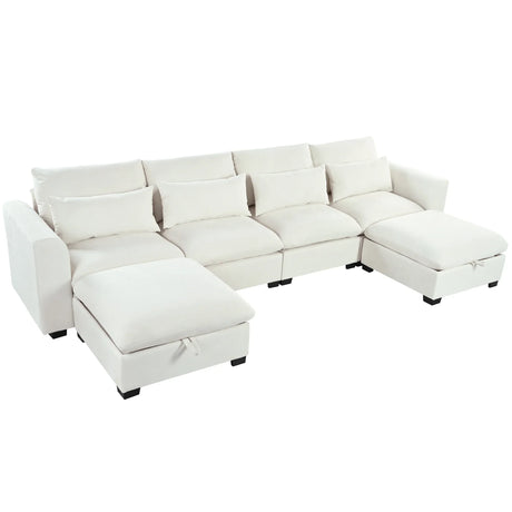 U-Shaped Modular 6-Seat Linen Blend Sofa With Ottomans - Omega Lifestyles
