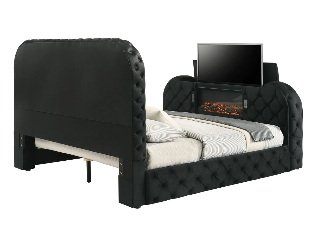 Black Upholstered Eastern King Bed With LED Fireplace Stand - Omega Lifestyles