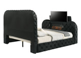 Black Upholstered Eastern King Bed With LED Fireplace Stand - Omega Lifestyles