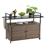 Outdoor Wicker Bar Cart With Glass Top And Wheels - Omega Lifestyles