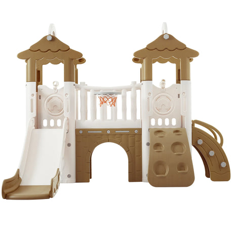 8-in-1 Toddler Freestanding Slide Climber Playset Brown - Omega Lifestyles