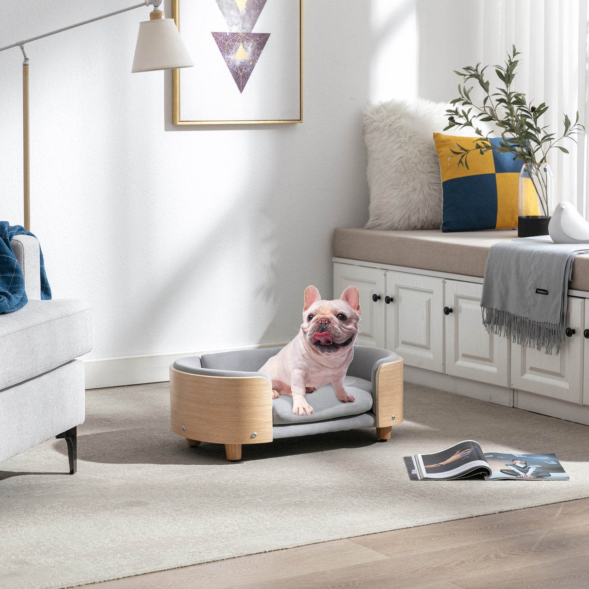 Scandinavian Style Solid Wood Elevated Pet Bed With Velvet Cushion - Sleep Galleria
