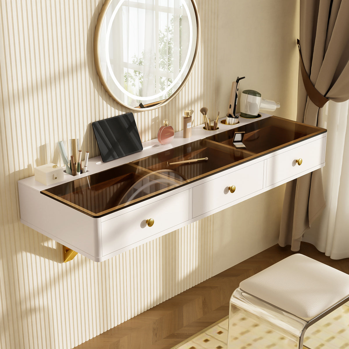 Wall-Mounted Multifunctional Vanity Table With Storage Drawers