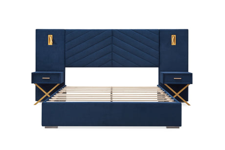 Queen Blue Velvet Wingback Upholstered Platform Bed Frame - Omega Lifestyles