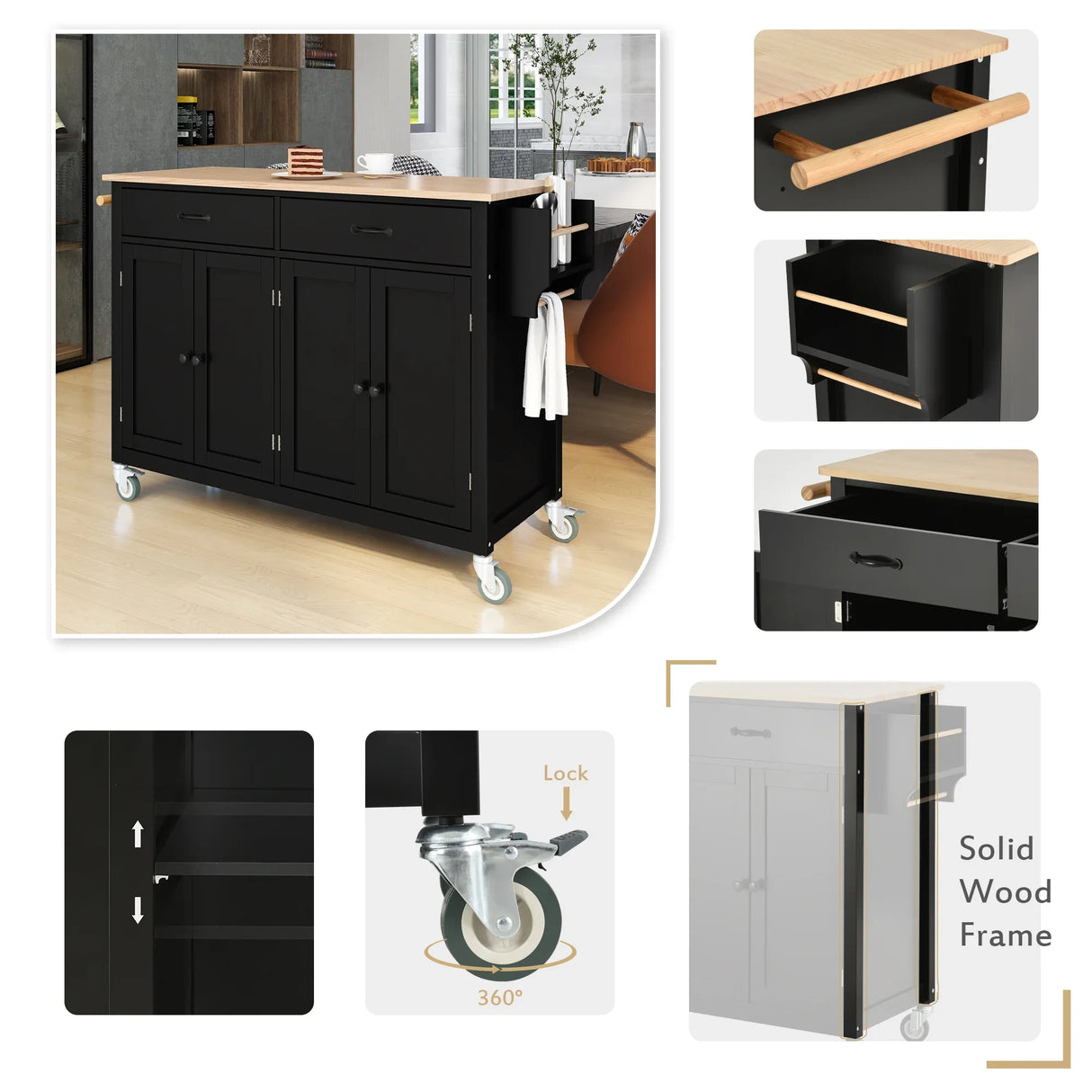 Kitchen Island Cart With Solid Wood Top And Storage - Omega Lifestyles