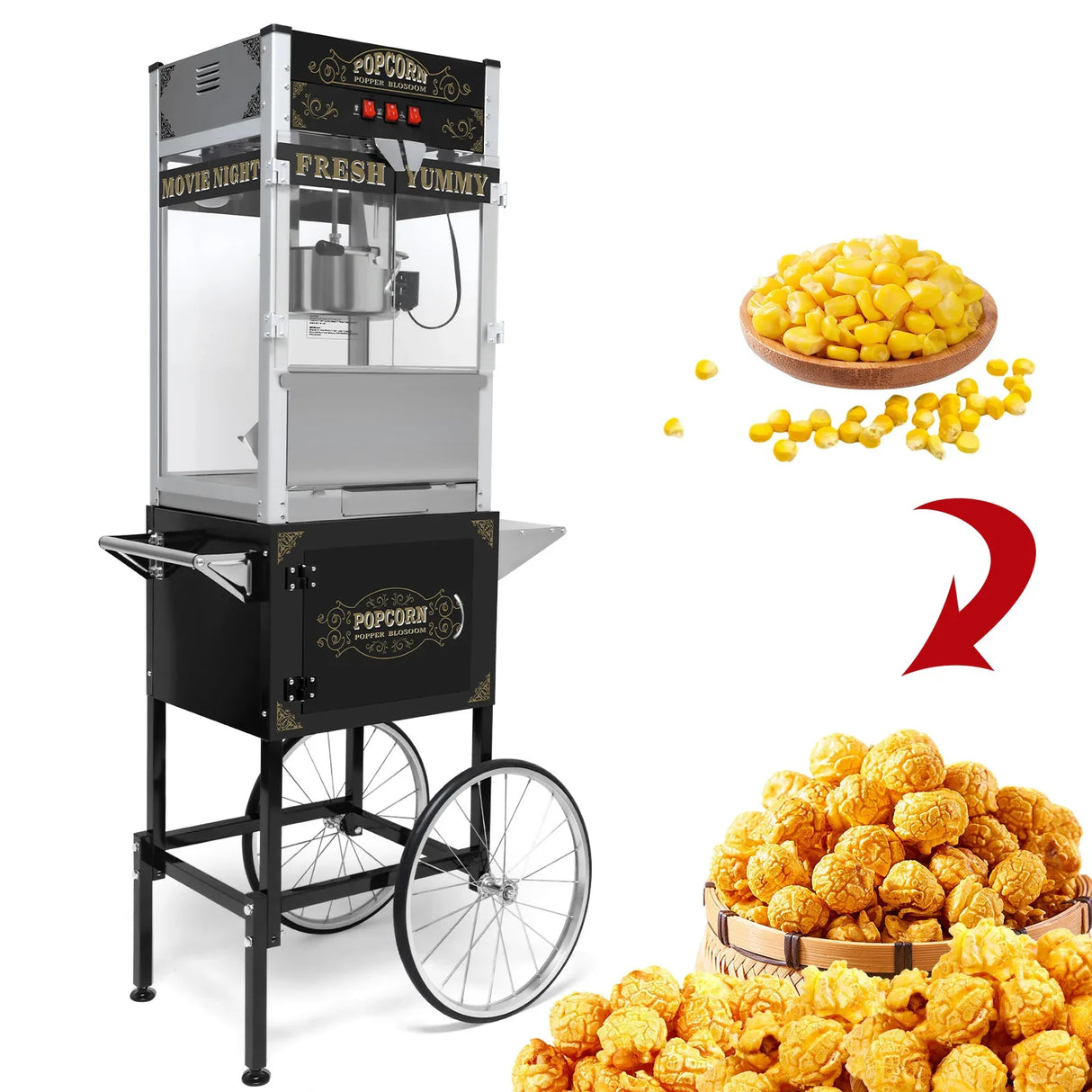 Commercial Popcorn Machine With Cart And Stainless Steel Kettle - Omega Lifestyles