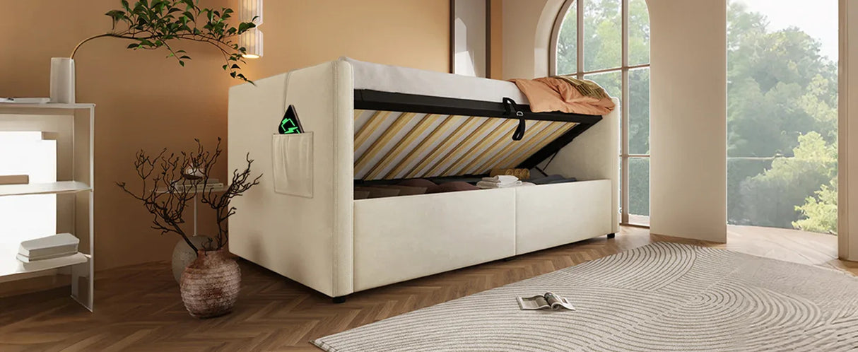Twin Beige Velvet Upholstered Hydraulic Storage Bed Frame - Omega Lifestyles