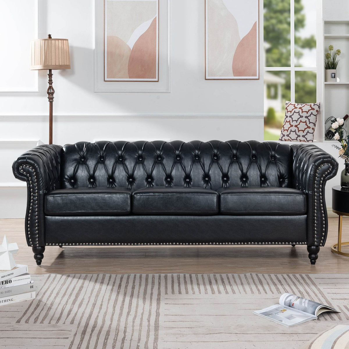 Chesterfield Three Seater Sofa With Soft PU Leather Upholstery - Omega Lifestyles