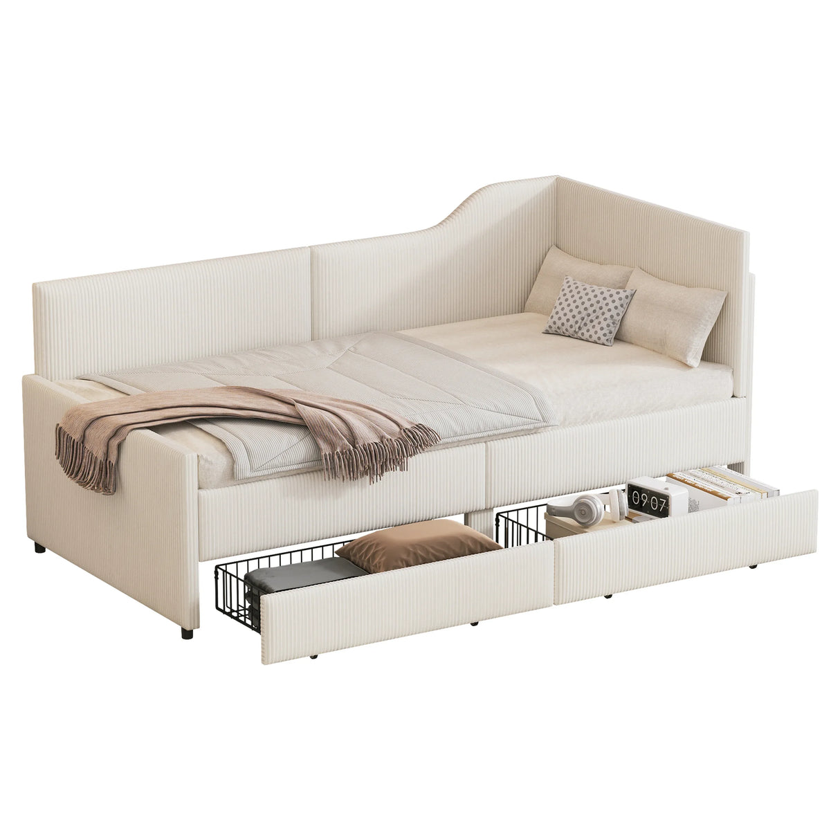 Twin L-Shaped Corduroy Upholstered Daybed With Storage Drawers - Omega Lifestyles