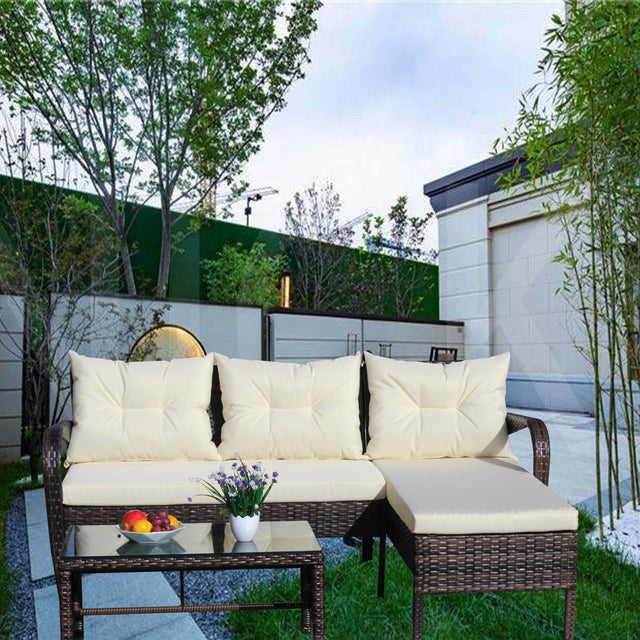 3-Piece Outdoor Brown Rattan Conversation Sofa Set With Cushions - Omega Lifestyles