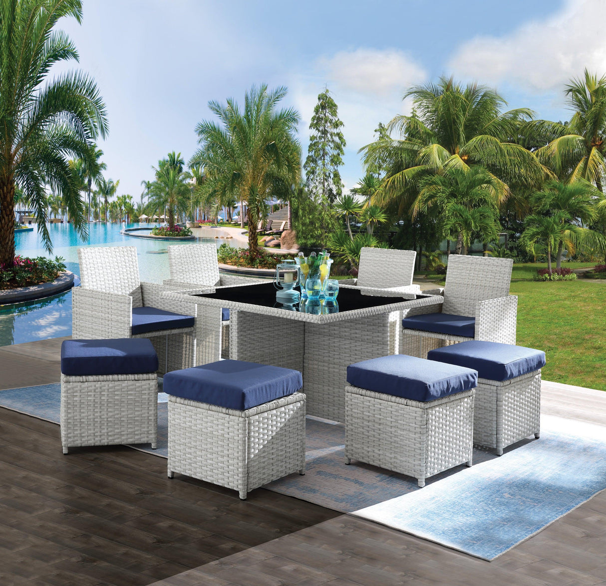 9-Piece Blue Fabric Wicker Outdoor Bistro Dining Set - Omega Lifestyles