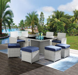 9-Piece Blue Fabric Wicker Outdoor Bistro Dining Set - Omega Lifestyles
