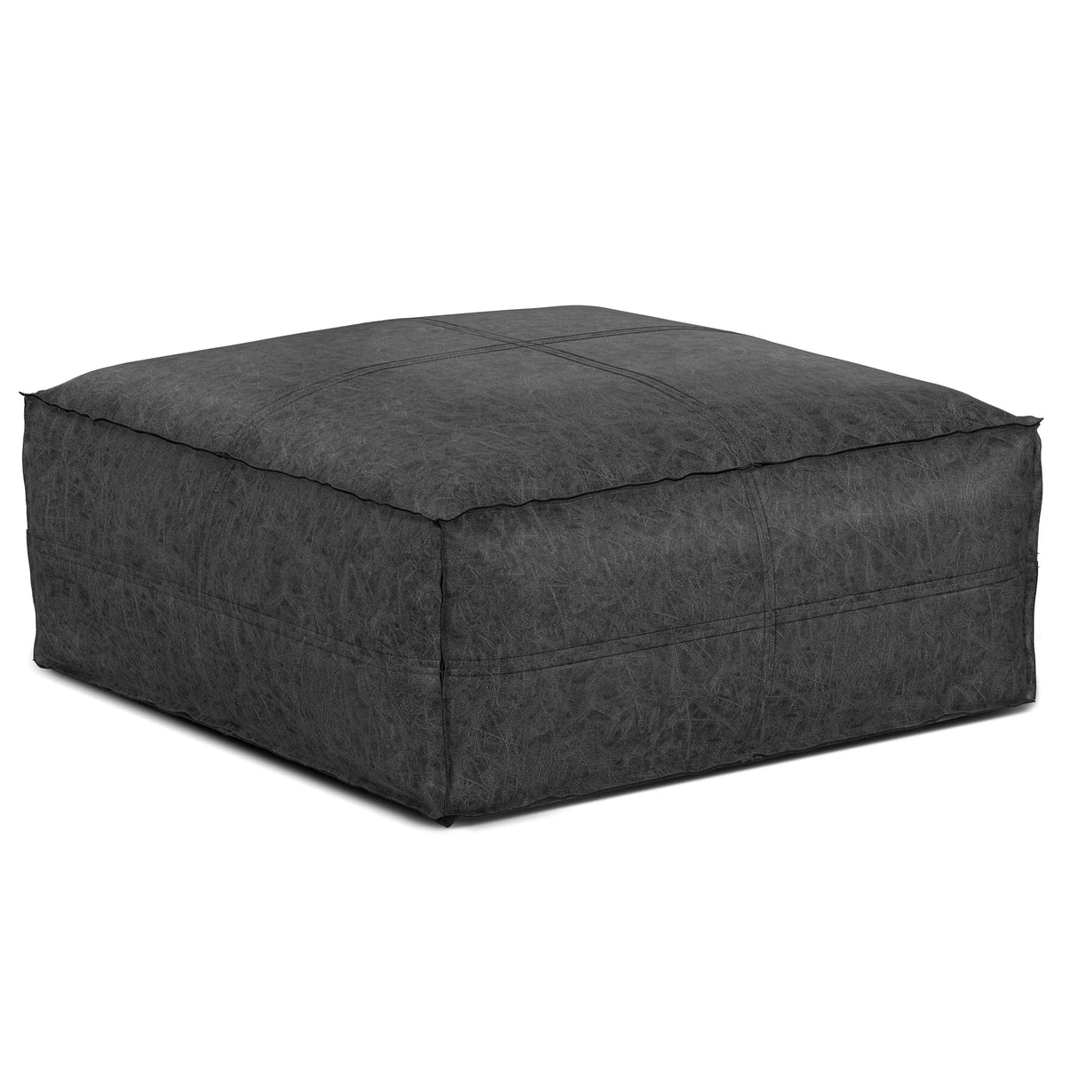 Distressed Black Vegan Faux Leather Square Pouf - Omega Lifestyles