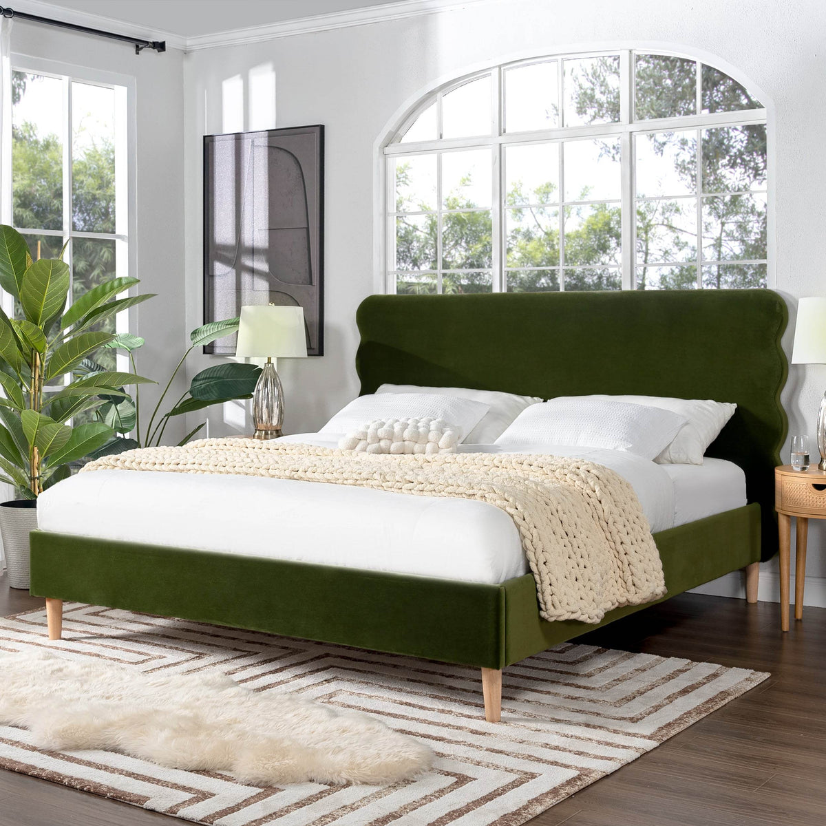 Modern Wavy Velvet Upholstered King Bed Frame