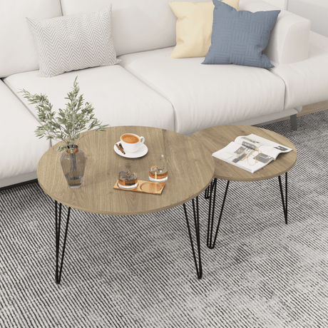Set of 2 Rustic Brown Round Nesting Coffee Tables - Sleep Galleria