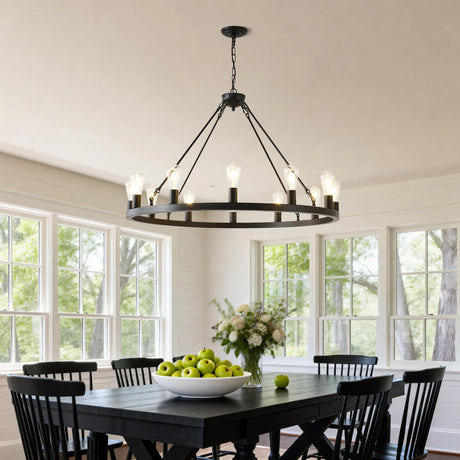 Farmhouse Matte Black Wagon Wheel 12-Light Chandelier - Omega Lifestyles