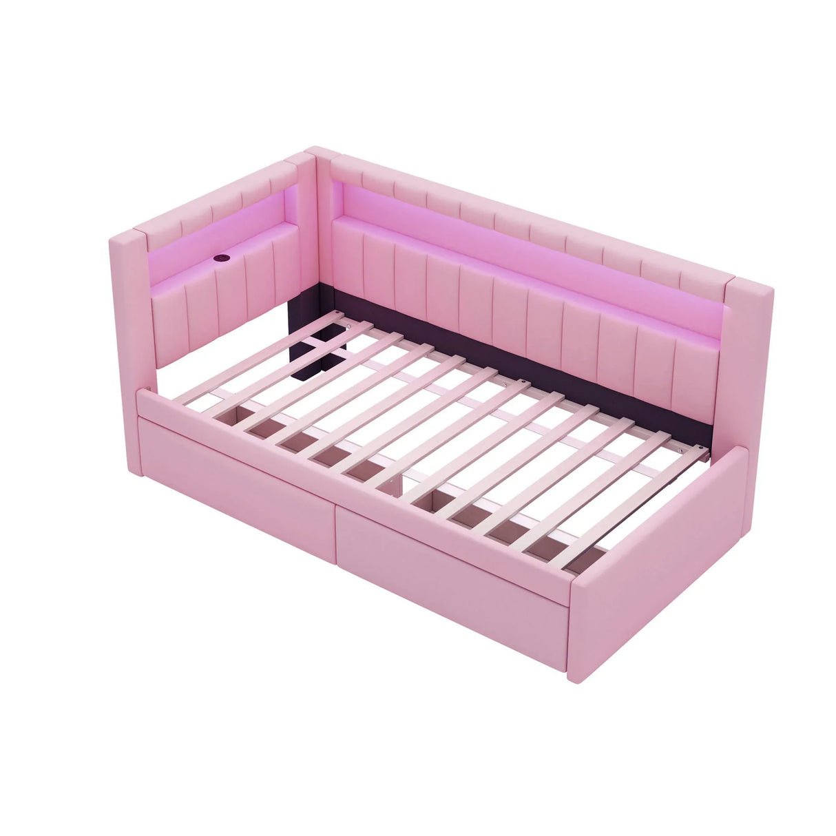 Twin Pink Upholstered Platform Bed Frame With USB Ports And LED - Omega Lifestyles