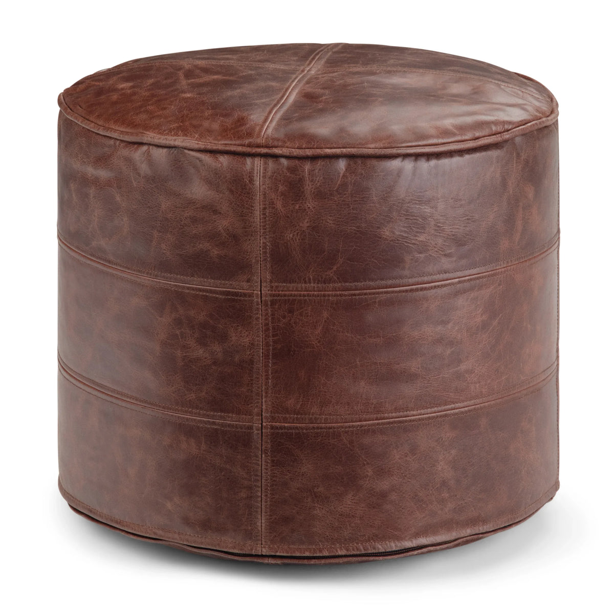 Distressed Brown Genuine Leather Round Pouf Stool - Omega Lifestyles