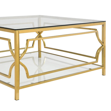 Modern Square Glass Coffee Table With Gold Metal Frame - Omega Lifestyles