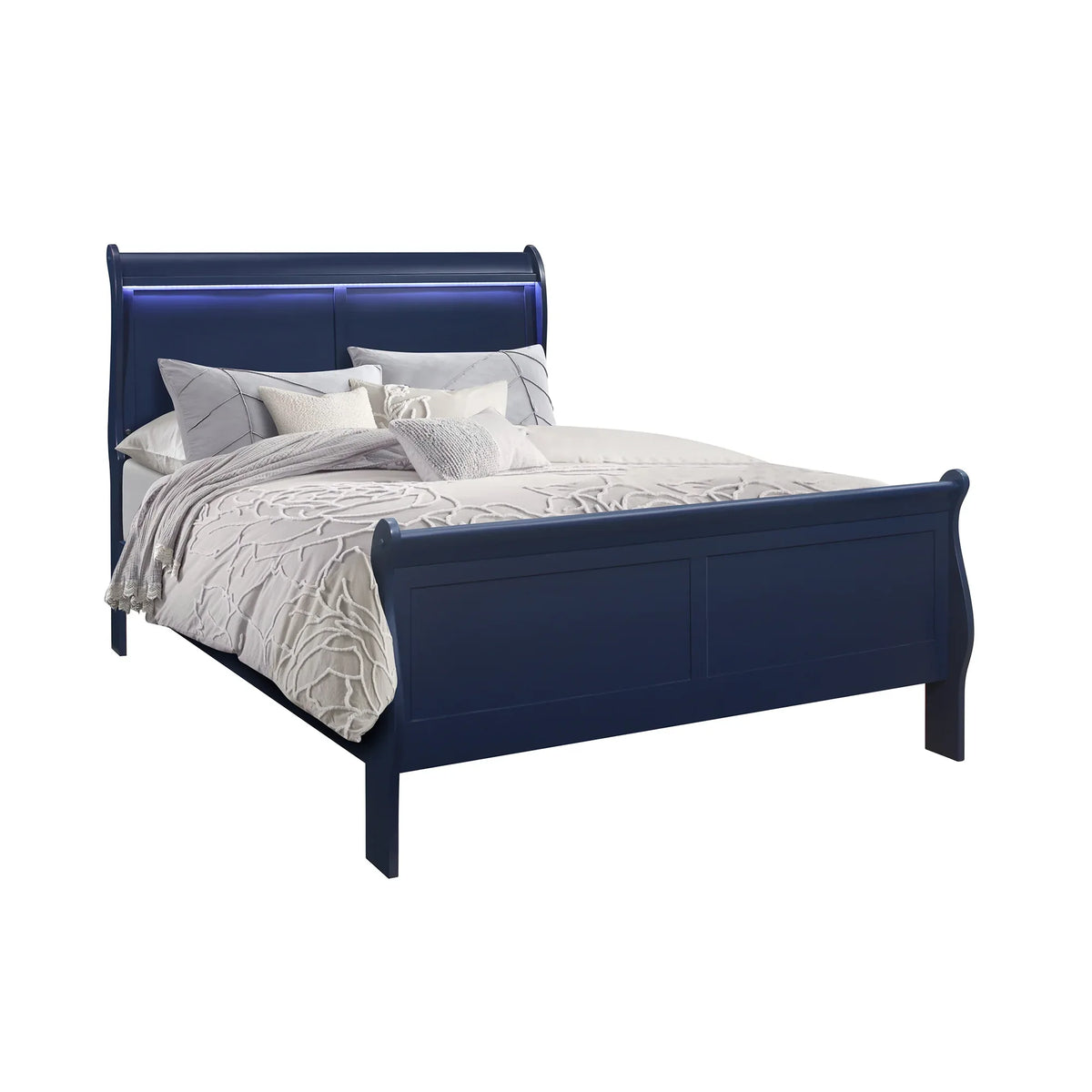 Full Blue Solid Wood Sleigh Bed With LED Headboard - Omega Lifestyles