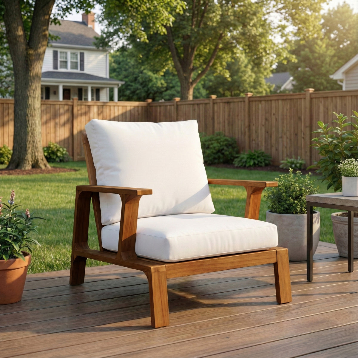 Acacia Wood Outdoor Patio Accent Chair With Cushions