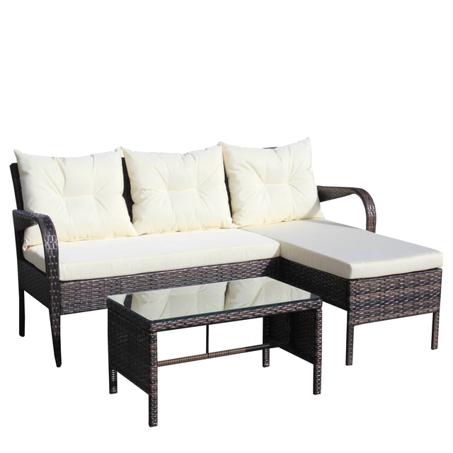 3-Piece Outdoor Brown Rattan Conversation Sofa Set With Cushions - Omega Lifestyles