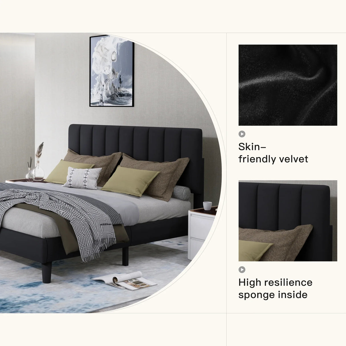 Full Size Upholstered Velvet Platform Bed Frame With Adjustable Headboard - Omega Lifestyles