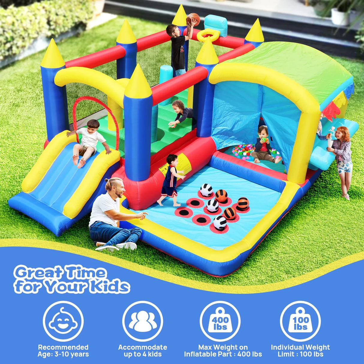7-in-1 Inflatable Bounce House With Ball Pit Obstacles - Omega Lifestyles