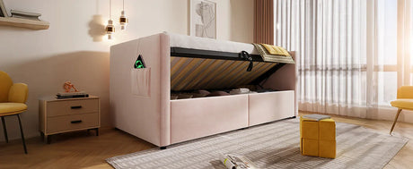 Twin Pink Velvet Upholstered Hydraulic Storage Bed Frame - Omega Lifestyles