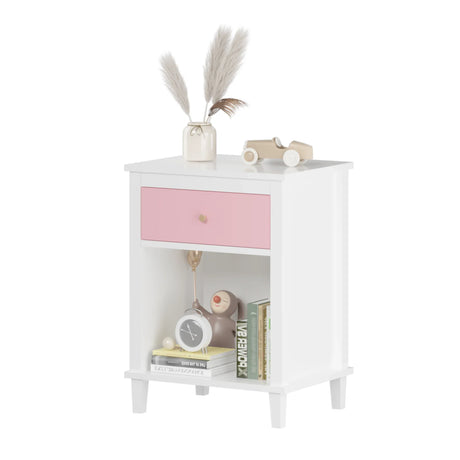 Pink MDF Wooden Nightstand With Drawer And Shelf - Omega Lifestyles
