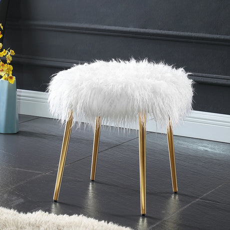 White Faux Fur Glamour Accent Ottoman With Rose Gold Legs - Omega Lifestyles