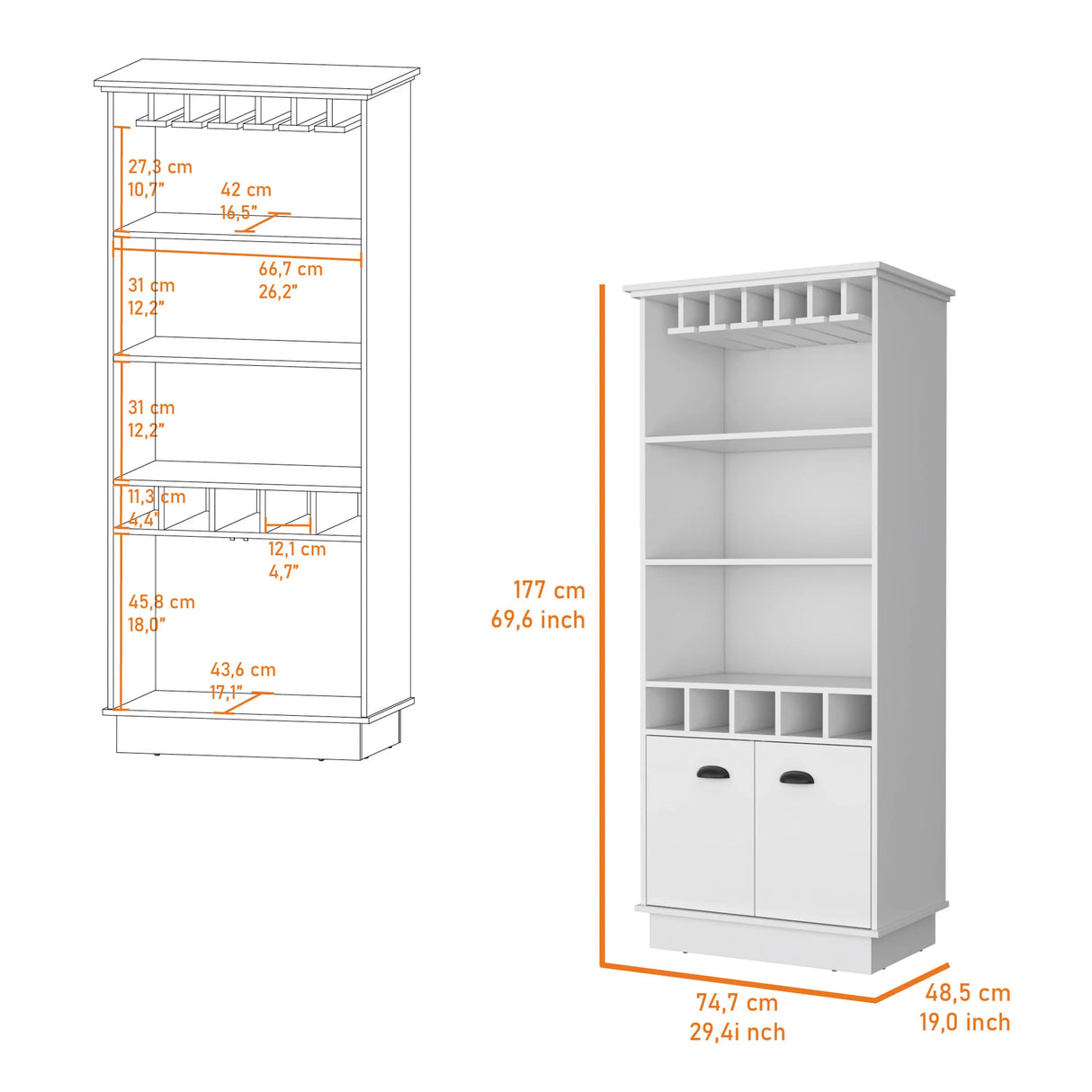 Modern White Bar Cabinet With Glassware And Bottle Racks - Omega Lifestyles