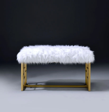 White Faux Fur Upholstered Metal Armless Lounge Bench - Omega Lifestyles